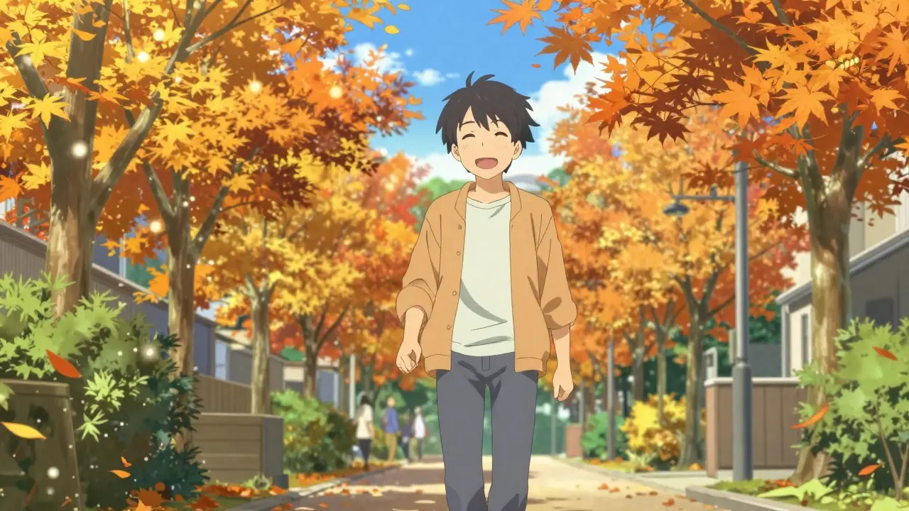 Cheerful person walking in a sunny autumn park feeling healthy and relieved