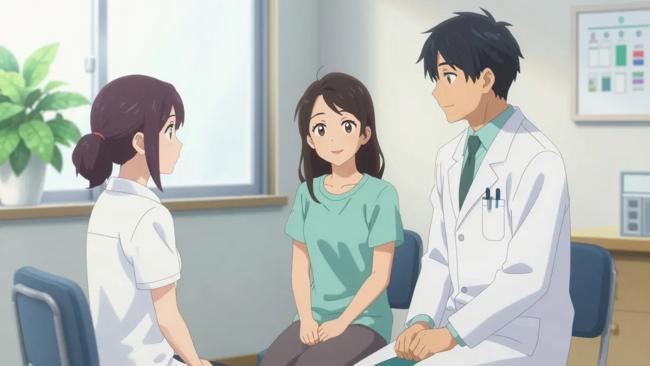 Happy meeting with doctor and pharmacist in a clinic room.