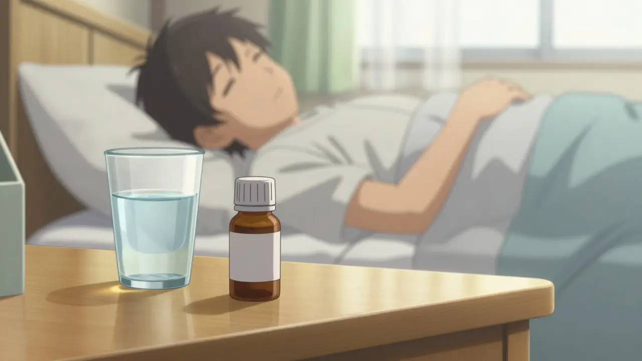 Medication and water on a bedside table with a person waking up carefully.