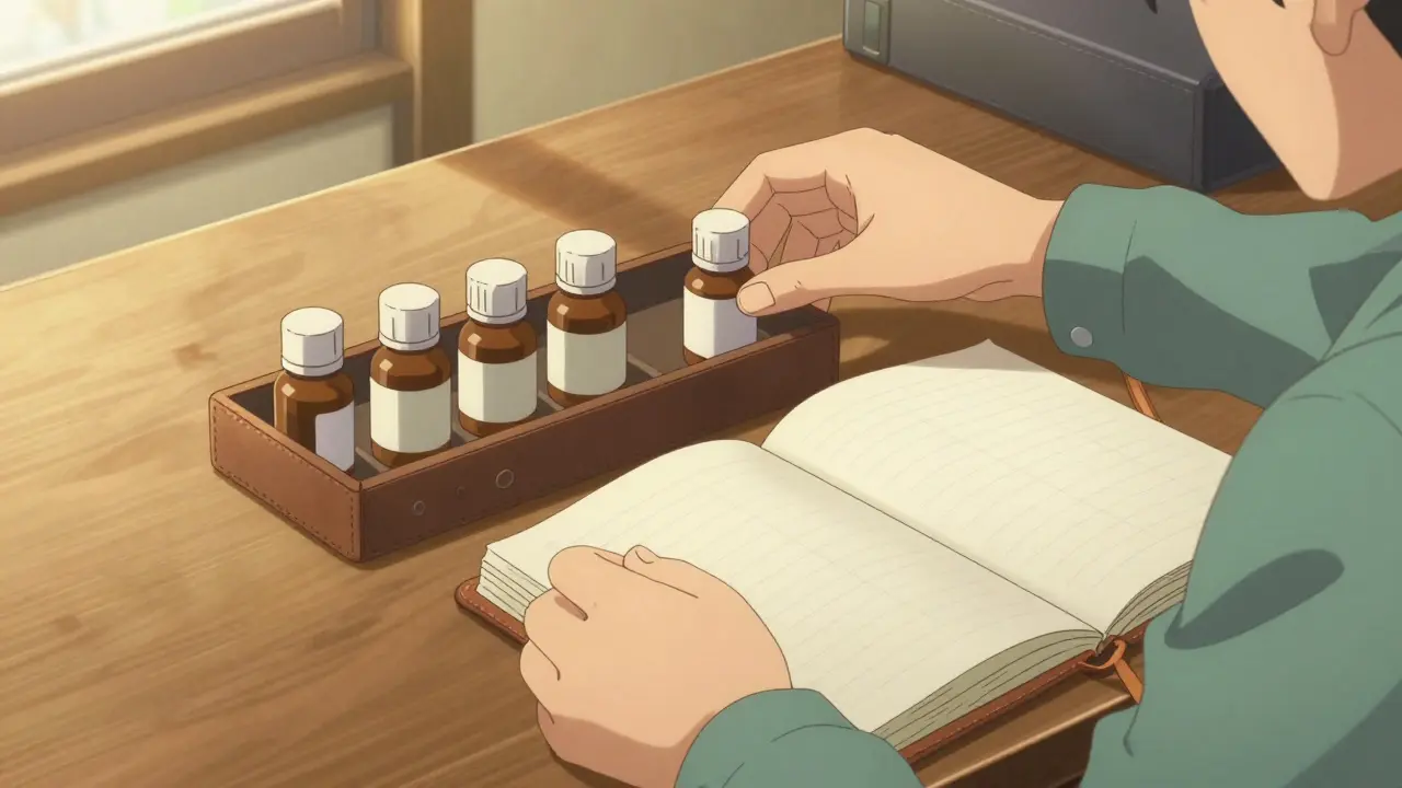 Person organizing medicine bottles and journal at a desk.