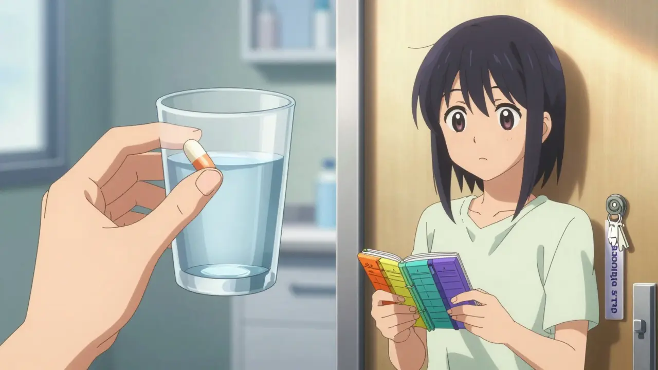 Split screen showing ADHD medication on one side and an organized home environment on the other.