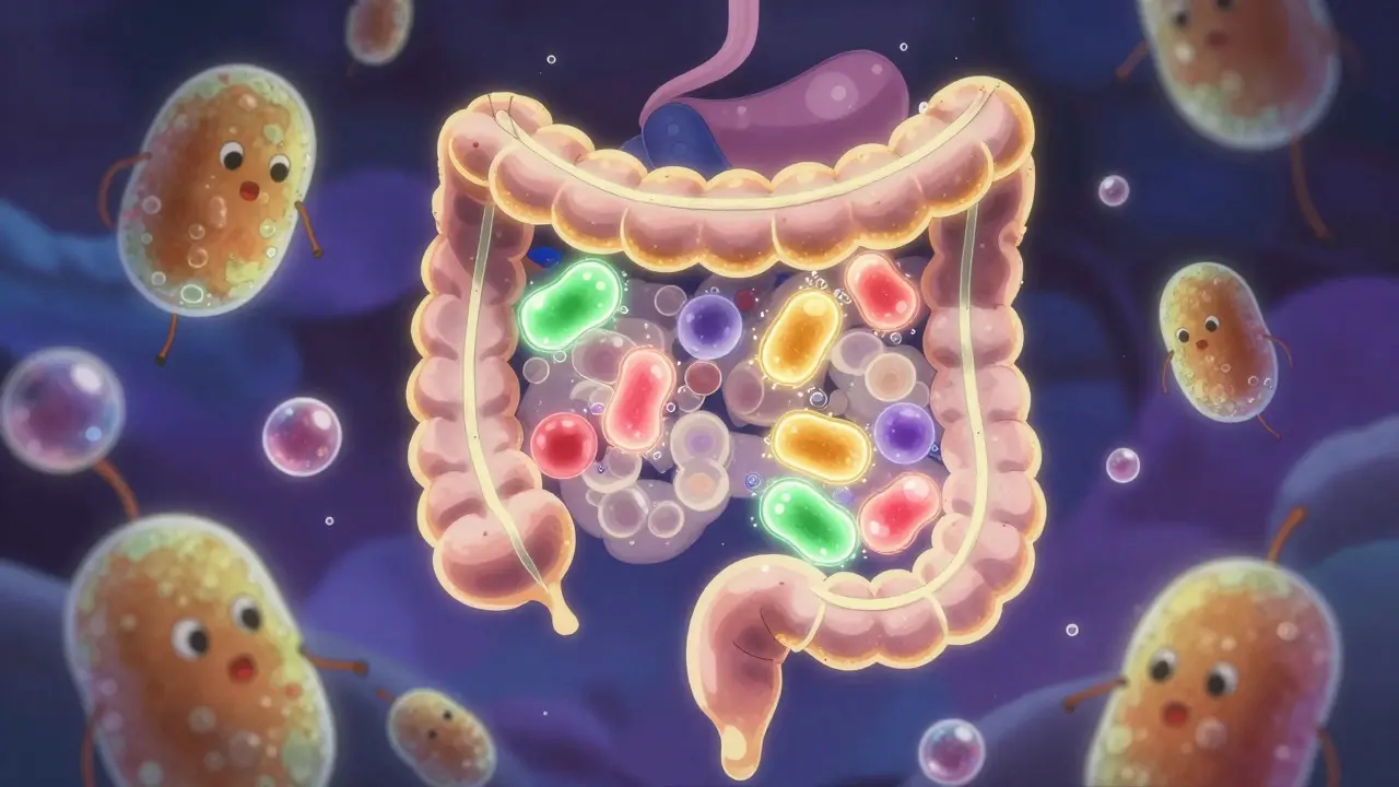Stylized anime depiction of gut bacteria fermenting carbohydrates in the colon