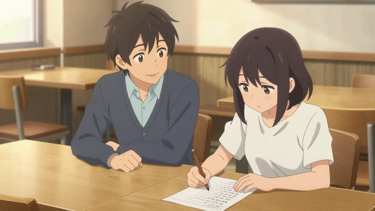 Two people working side-by-side at a cafe desk in a supportive coaching session.