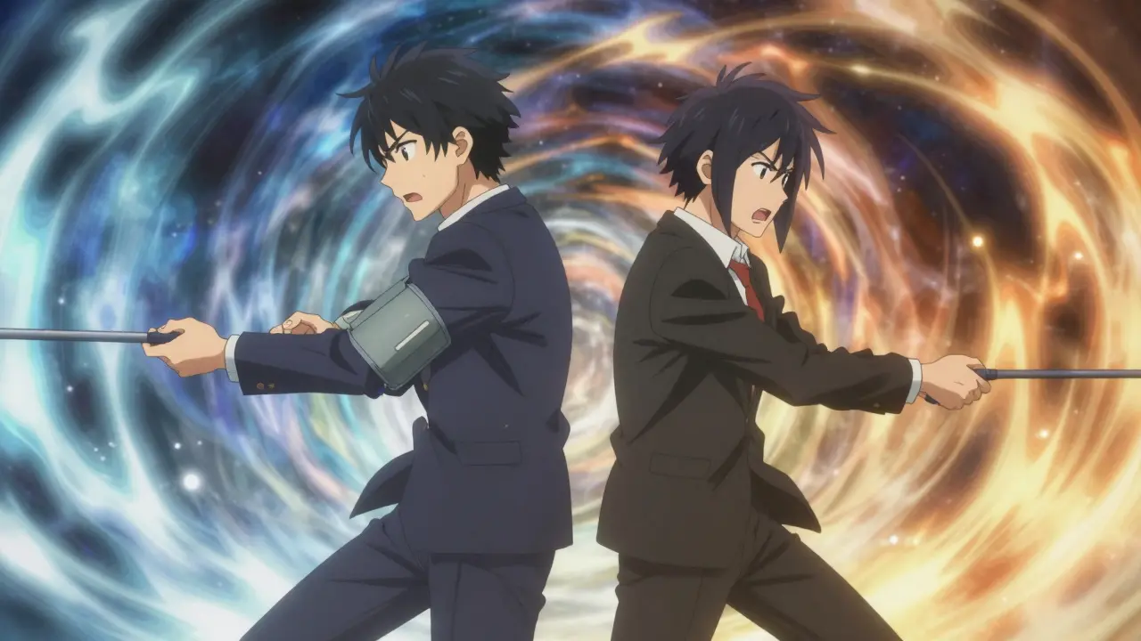 Anime characters in tug of war symbolizing opposing drug effects
