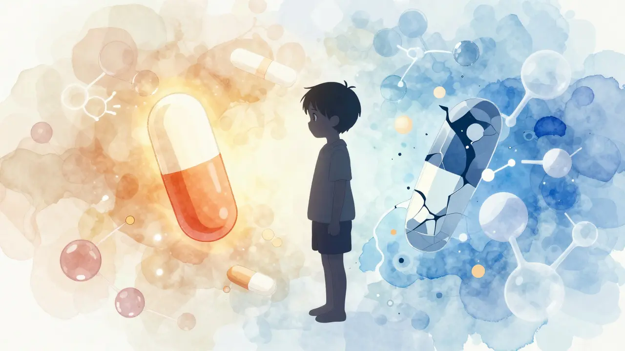 Anime concept art showing a child's silhouette amidst chaotic medicine molecules.