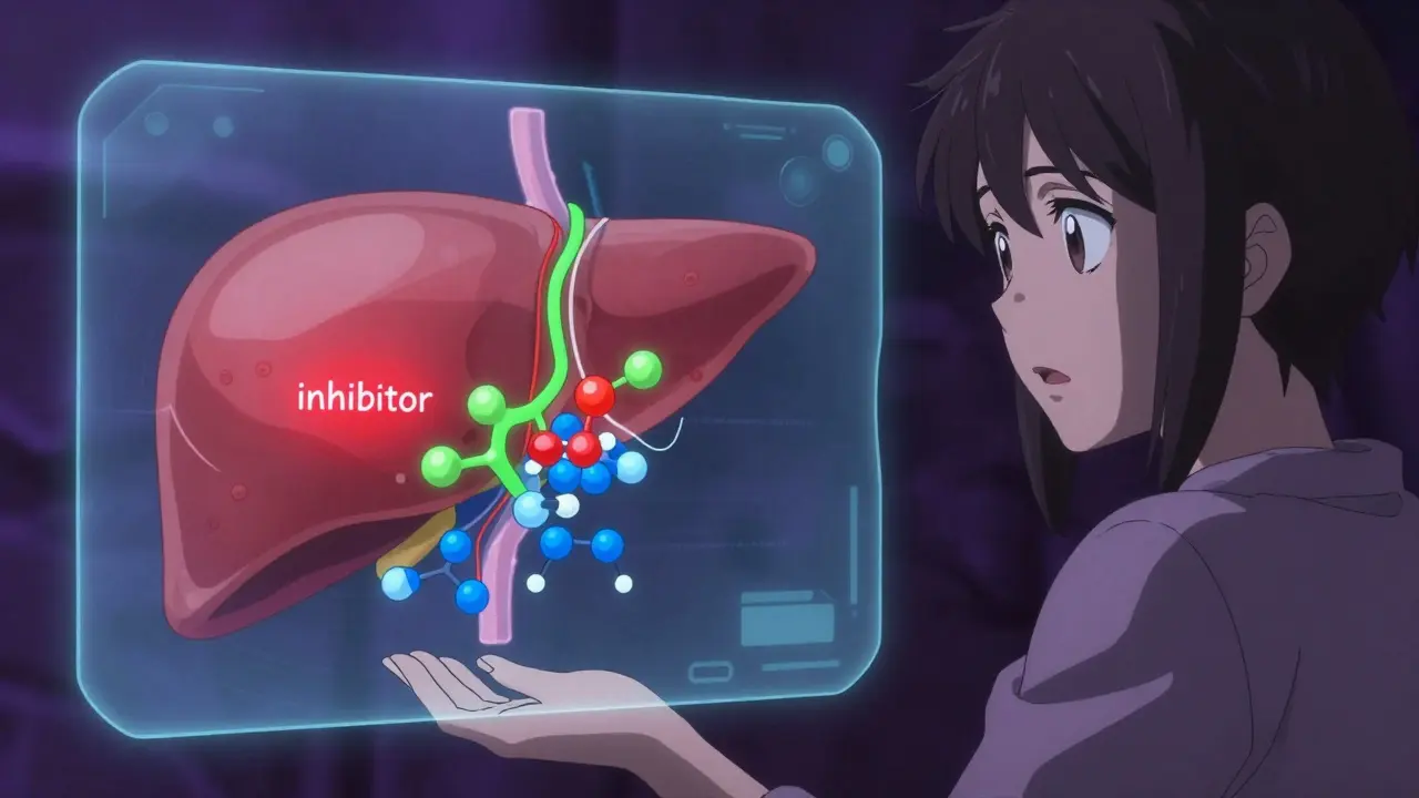 Anime illustration of liver enzymes blocking drug metabolism pathway