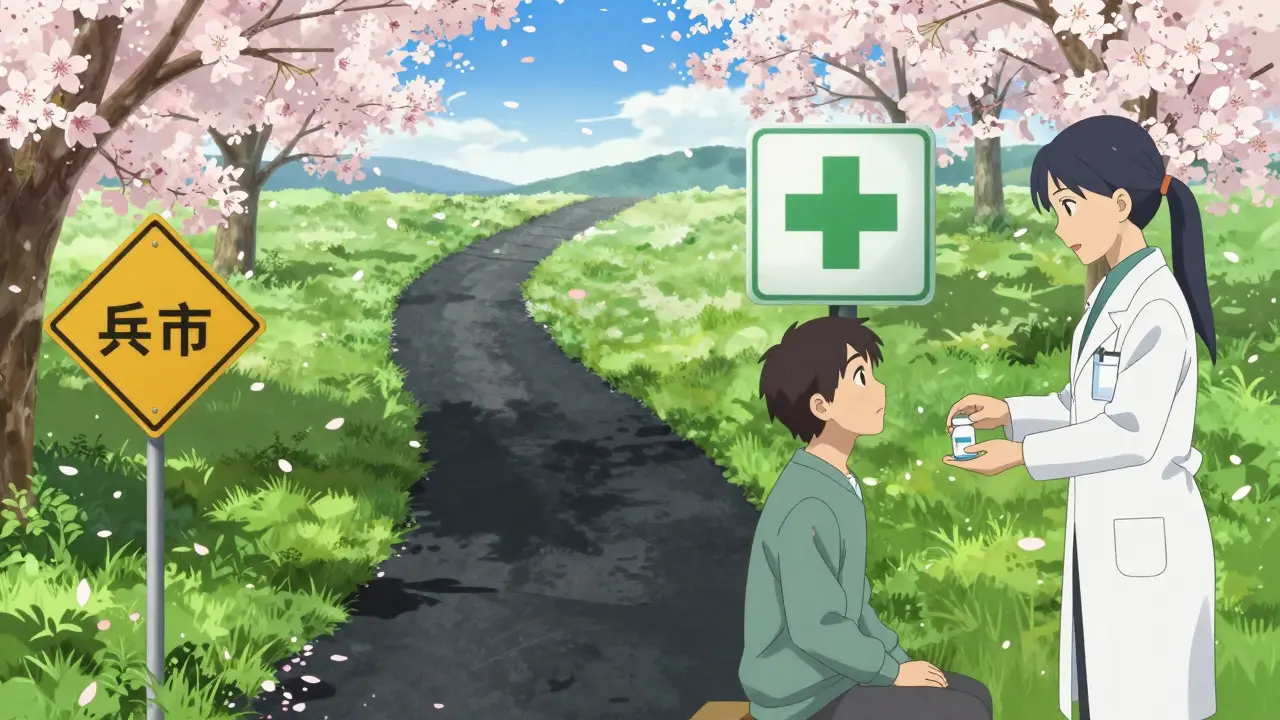 Anime path choice between dangerous shadows and safe pharmacy assistance