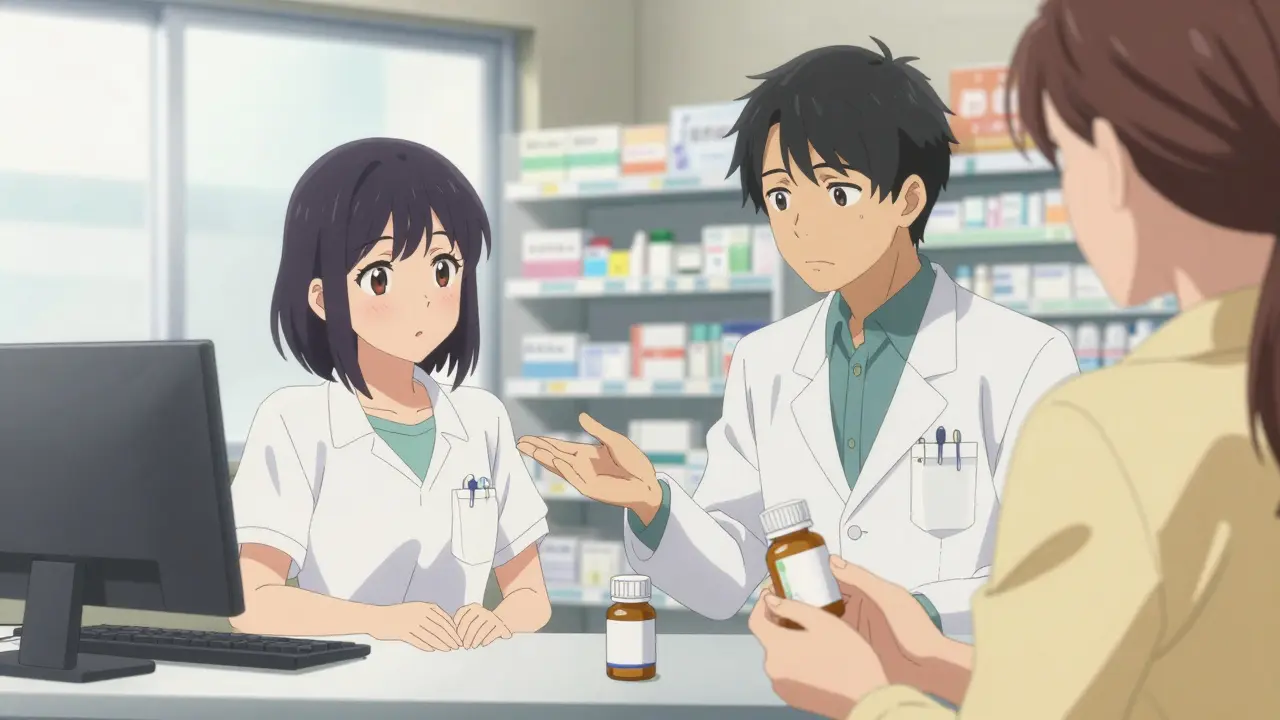 Anime scene of a parent questioning a pharmacist about a new generic medication.