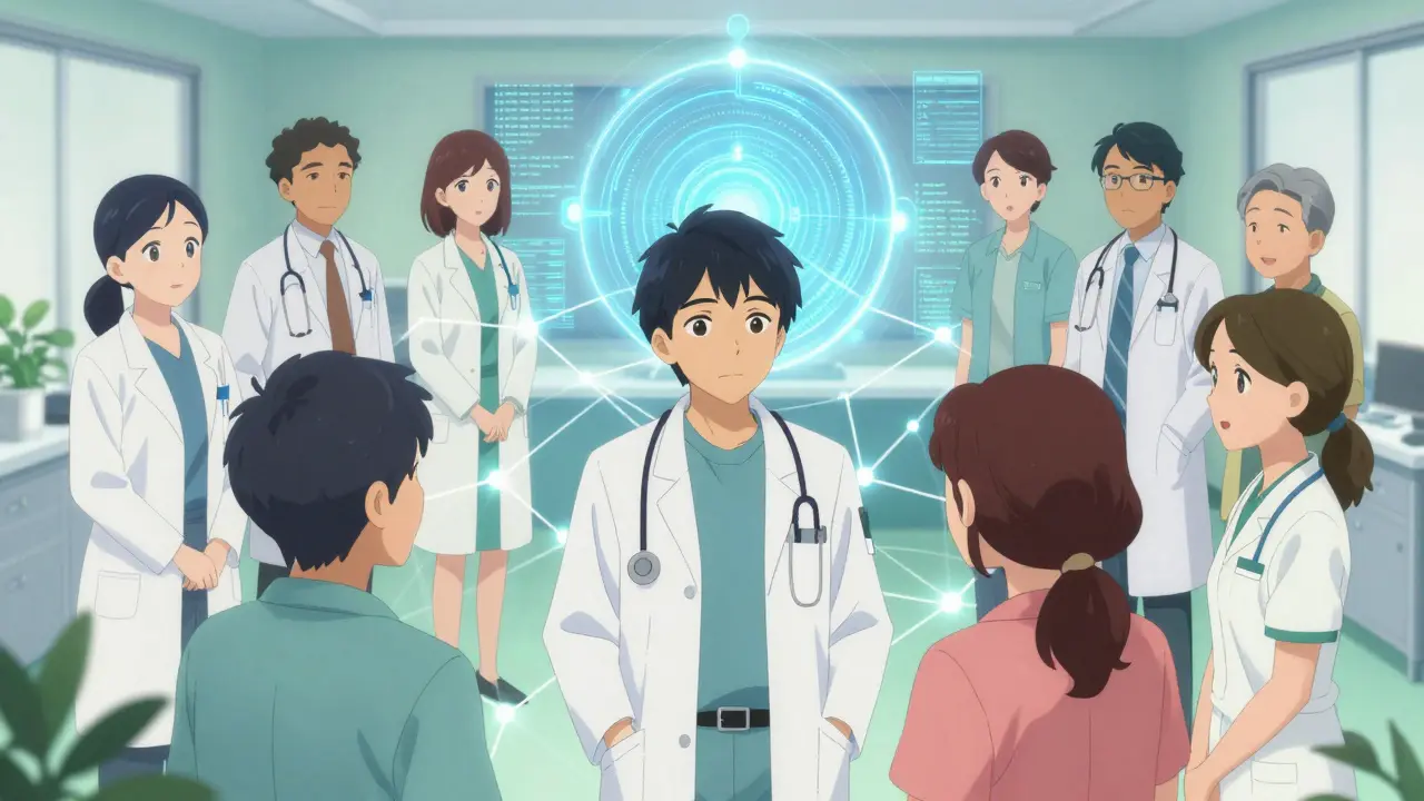 Anime style doctors and patients connected by safety network
