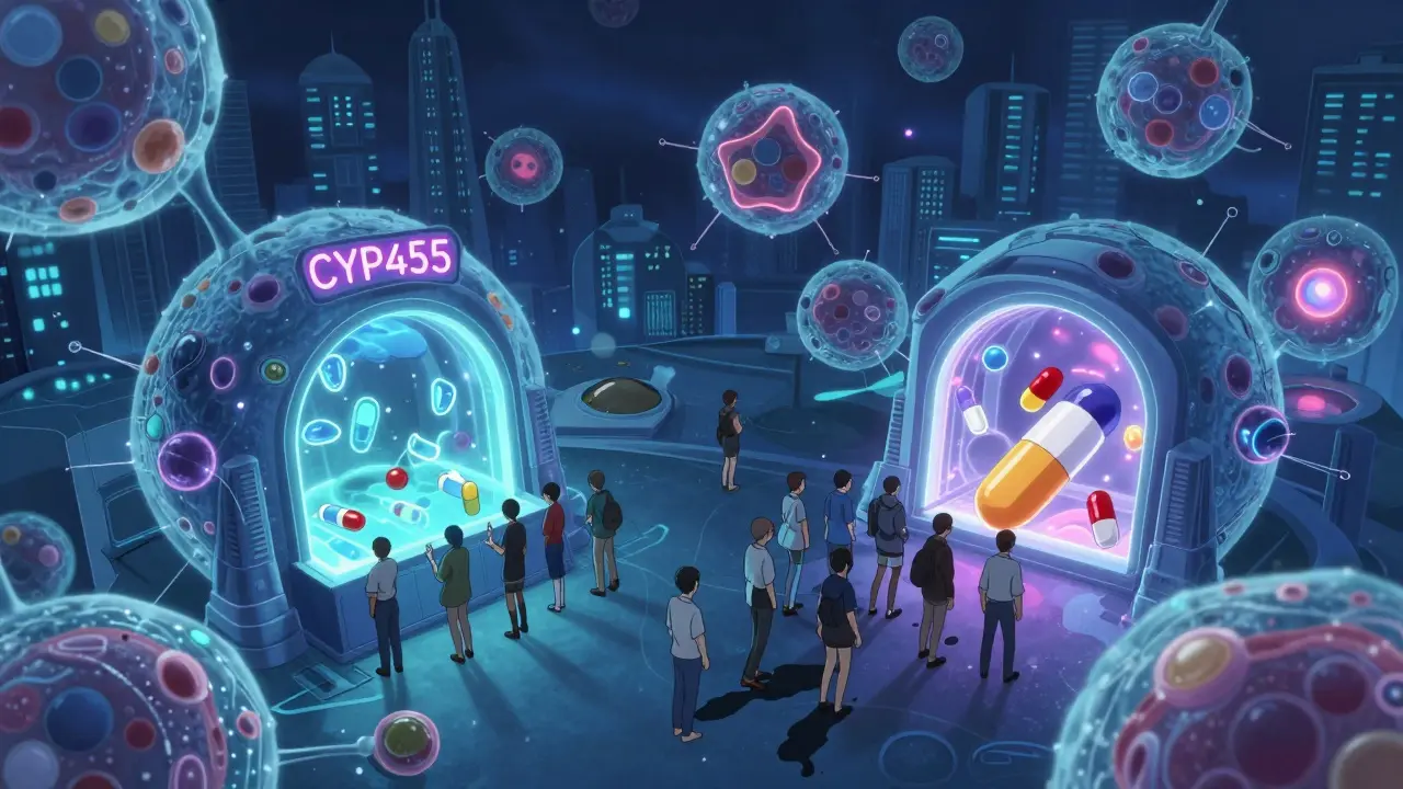 Bioluminescent liver cell interior showing CYP450 enzymes processing drug molecules.
