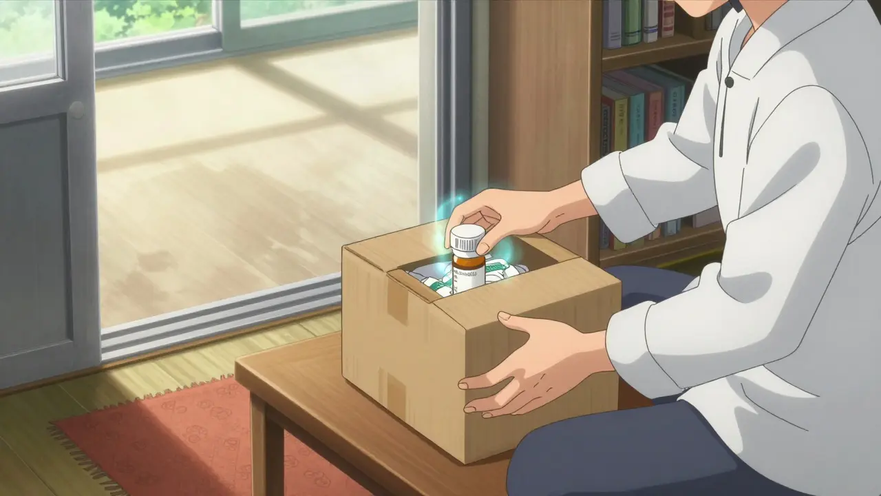 Character opening a secure medication package with a glowing safety aura.