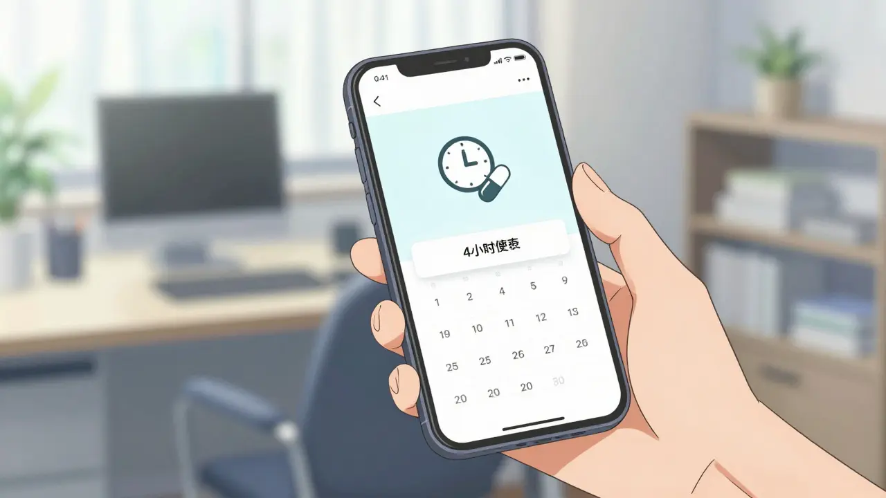 Close-up of phone reminder for medication timing schedule