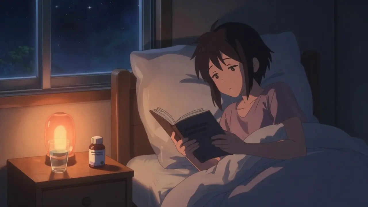 Cozy anime bedroom scene with magnesium supplements at night
