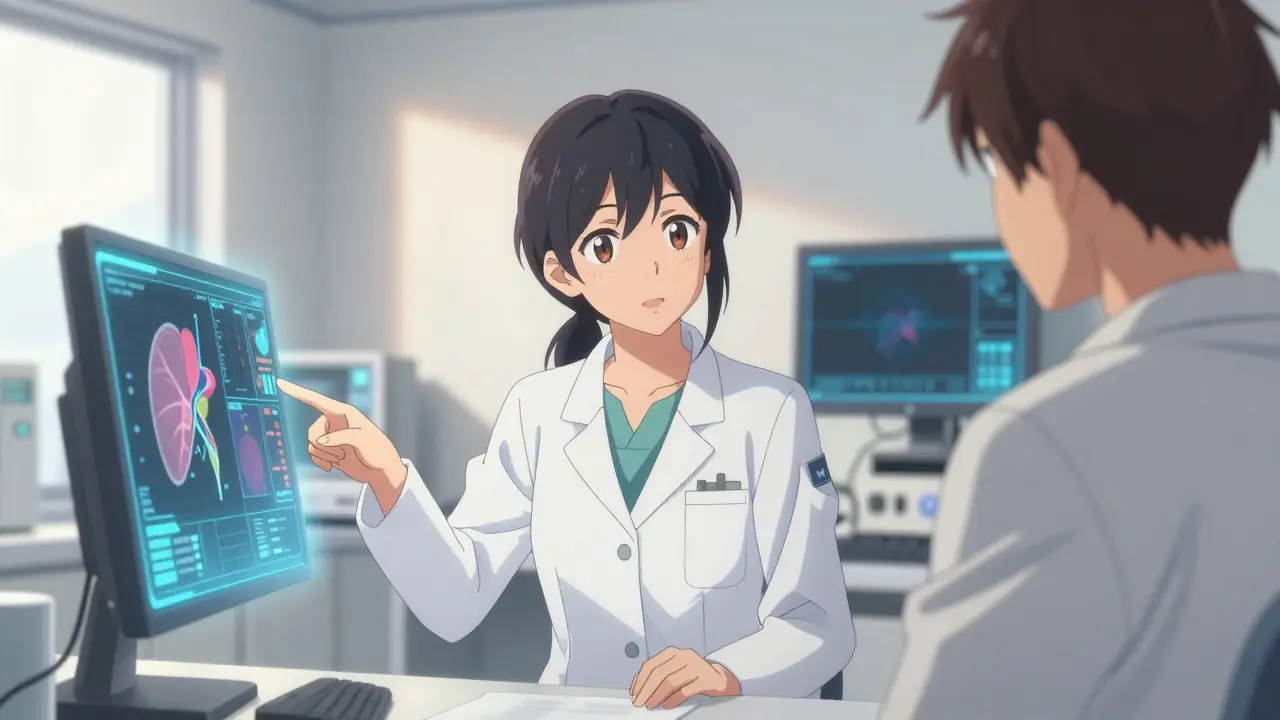 Doctor explaining diagnosis to patient with holographic medical data in anime style
