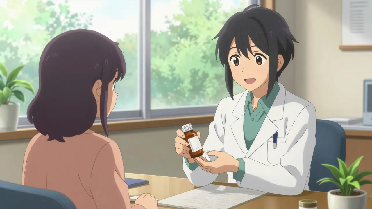 Doctor handing new prescription to relieved patient in sunny office