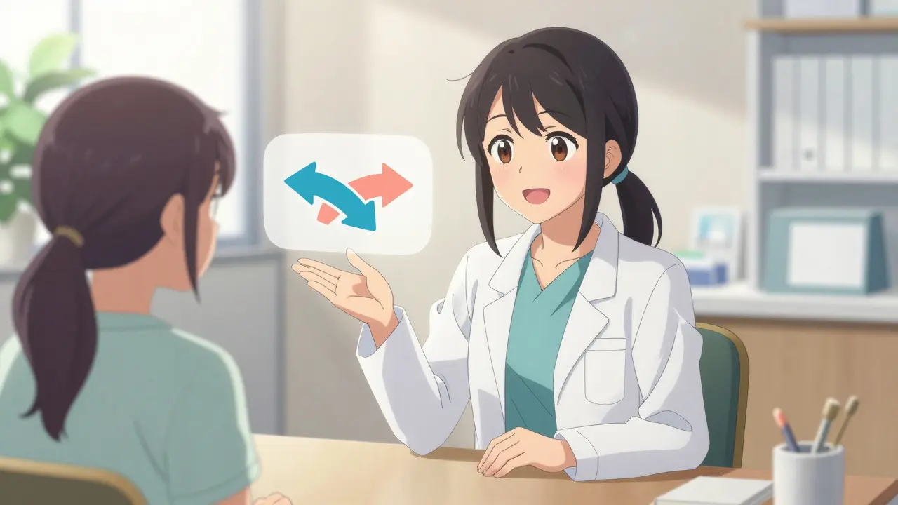 Doctor reassuring patient with graphic showing equal treatment paths