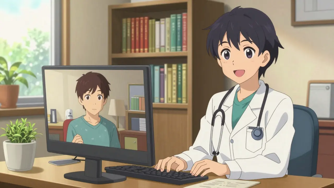Friendly doctor on video call comforting a patient during telehealth visit