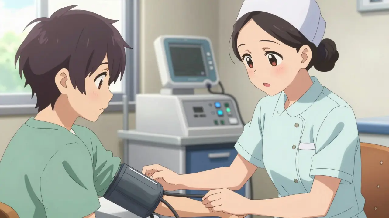 Nurse checking patient blood pressure in a bright medical clinic