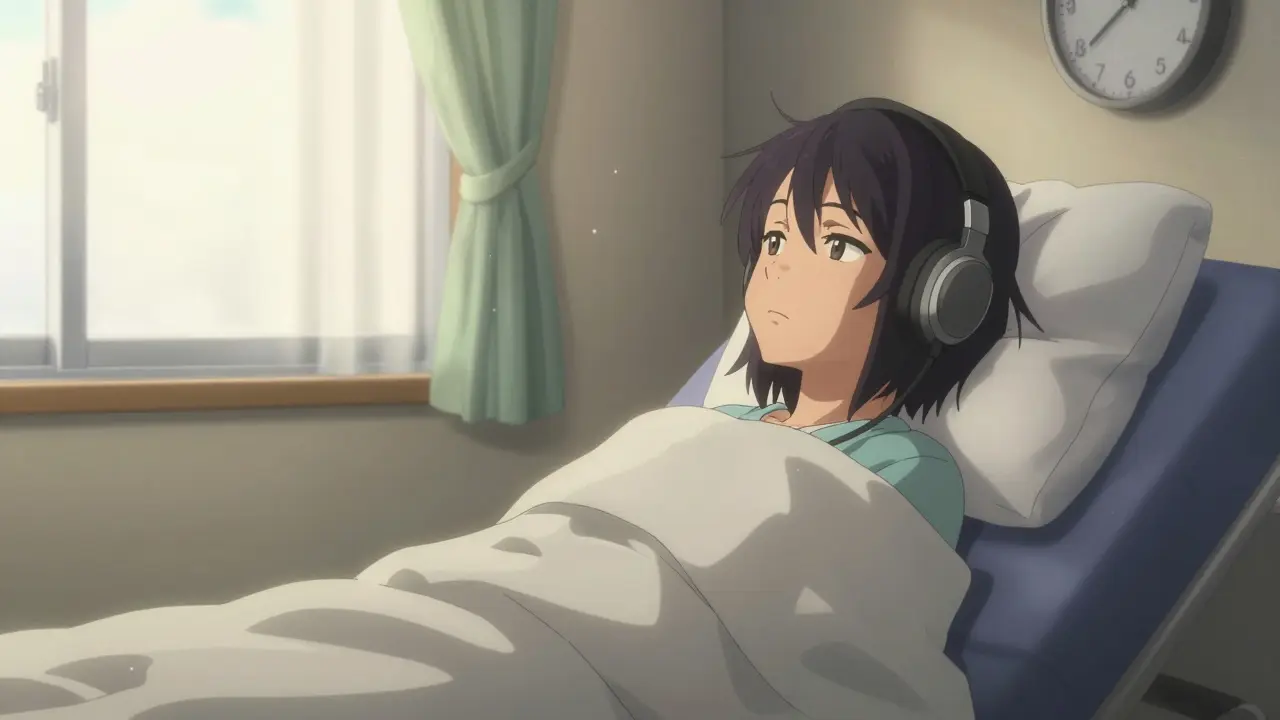 Patient resting with headphones and blanket after treatment
