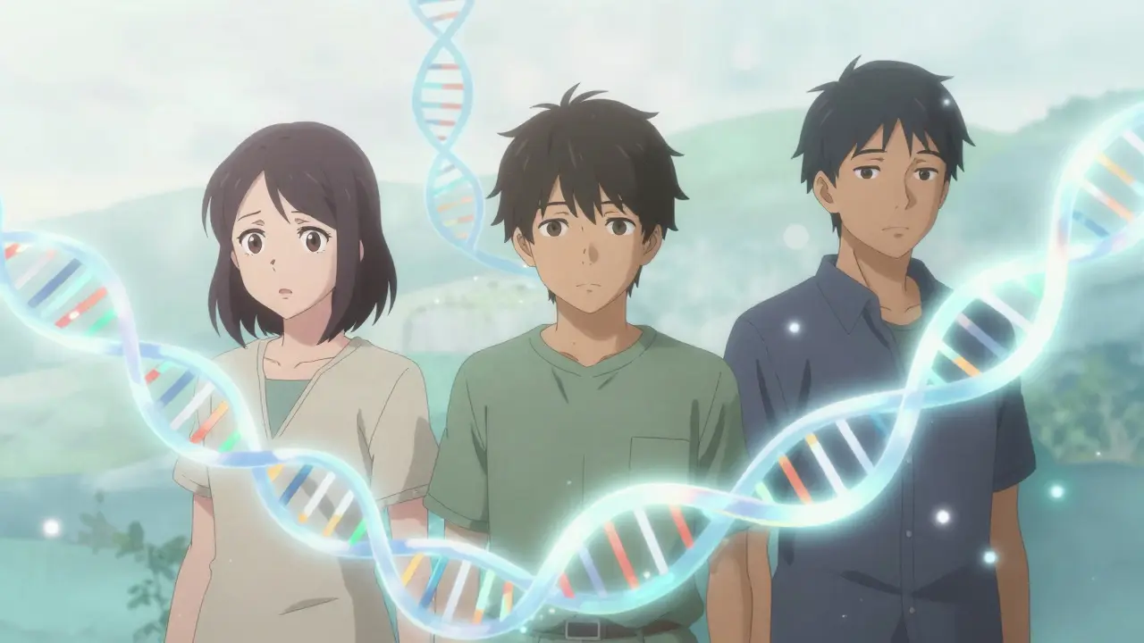 People with glowing DNA ribbons representing different genetic metabolizer types.