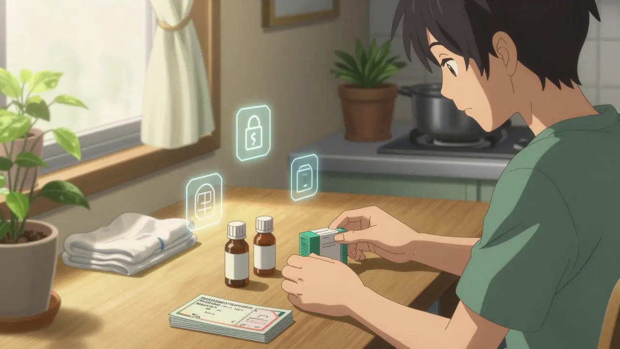 Person arranging medicine bottles and discount cards on a cozy kitchen table.