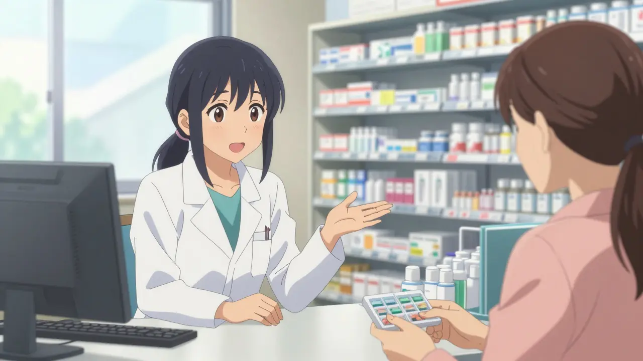 Pharmacist explaining medication instructions to patient in anime style