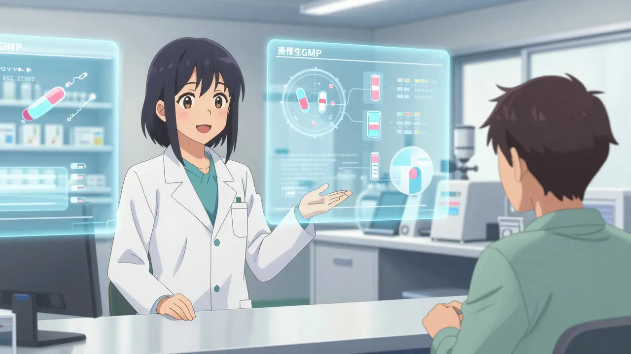 Pharmacist explaining quality controls with holographic diagrams in a clinic