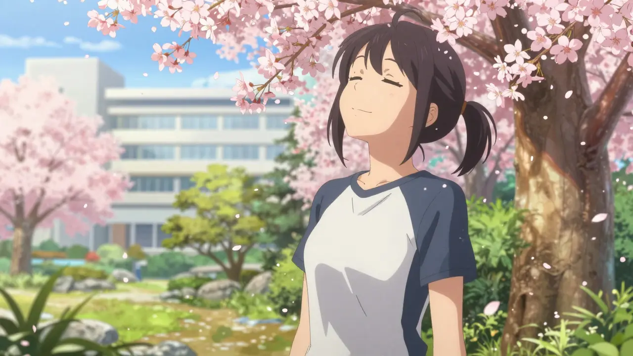 Recovered anime woman enjoying nature after successful surgery for hormonal imbalance