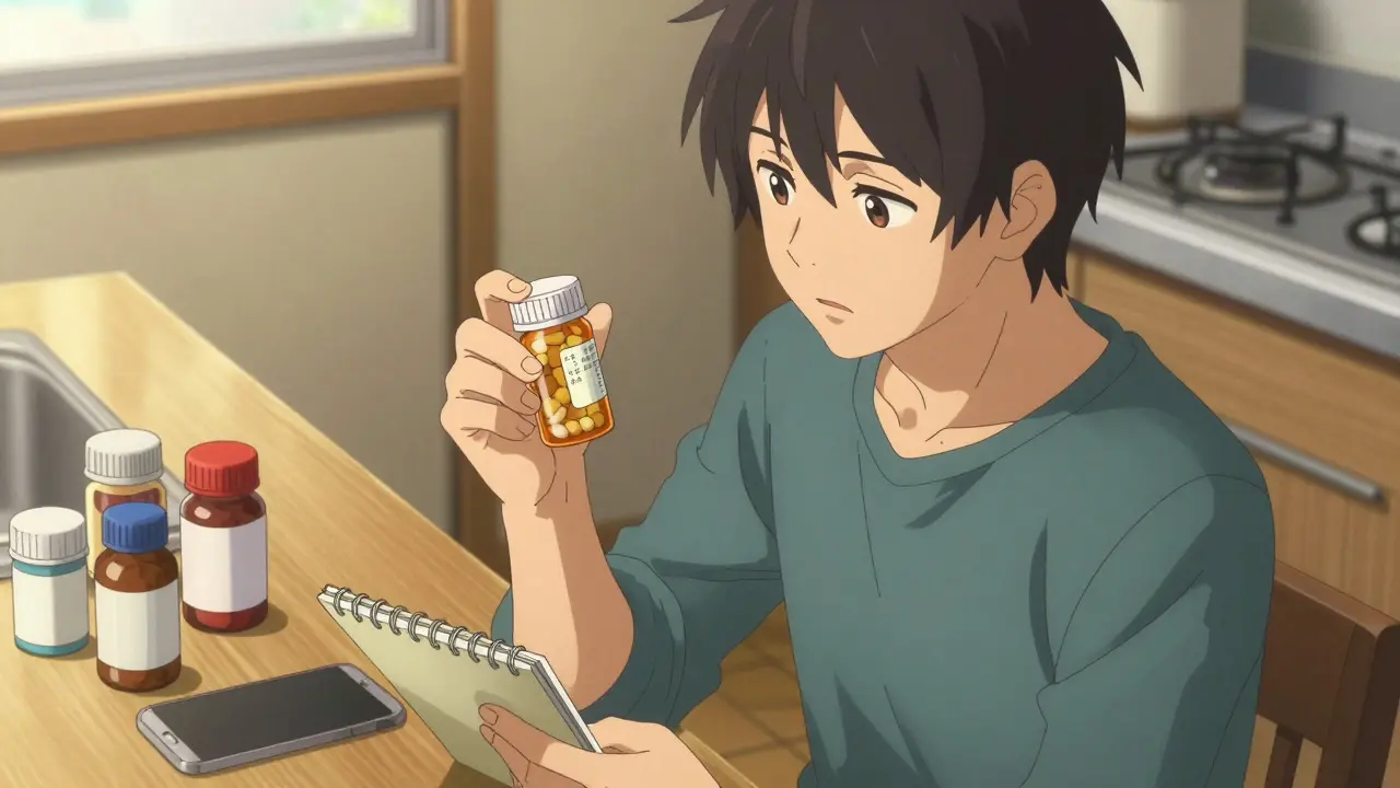 Anime character calmly gathering pill bottle info and notes before calling for help.