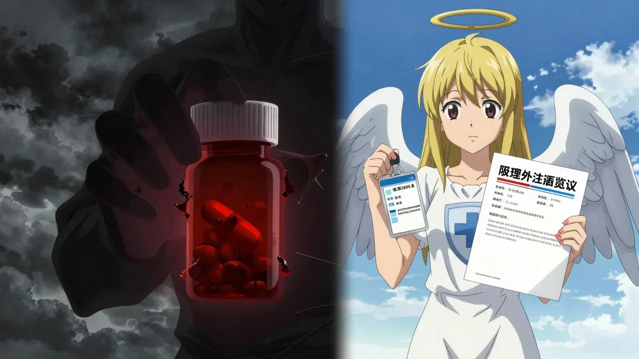 Anime concept art contrasting scam risks with safe verified pharmacy