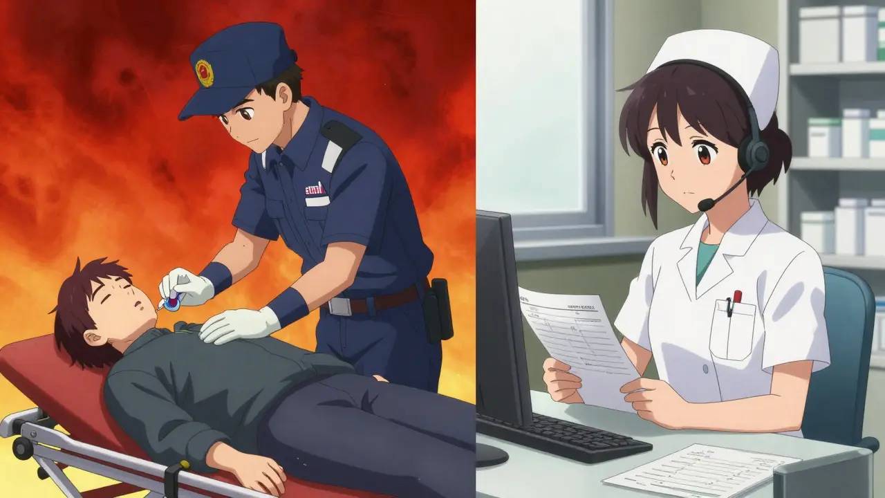 Anime split view showing paramedics treating an emergency vs calm poison control staff.