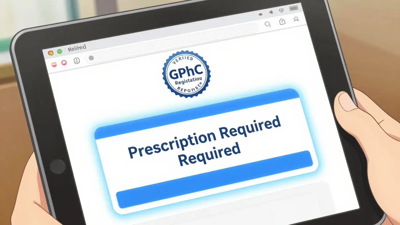 Hand holding tablet showing verified pharmacy logo and prescription requirement