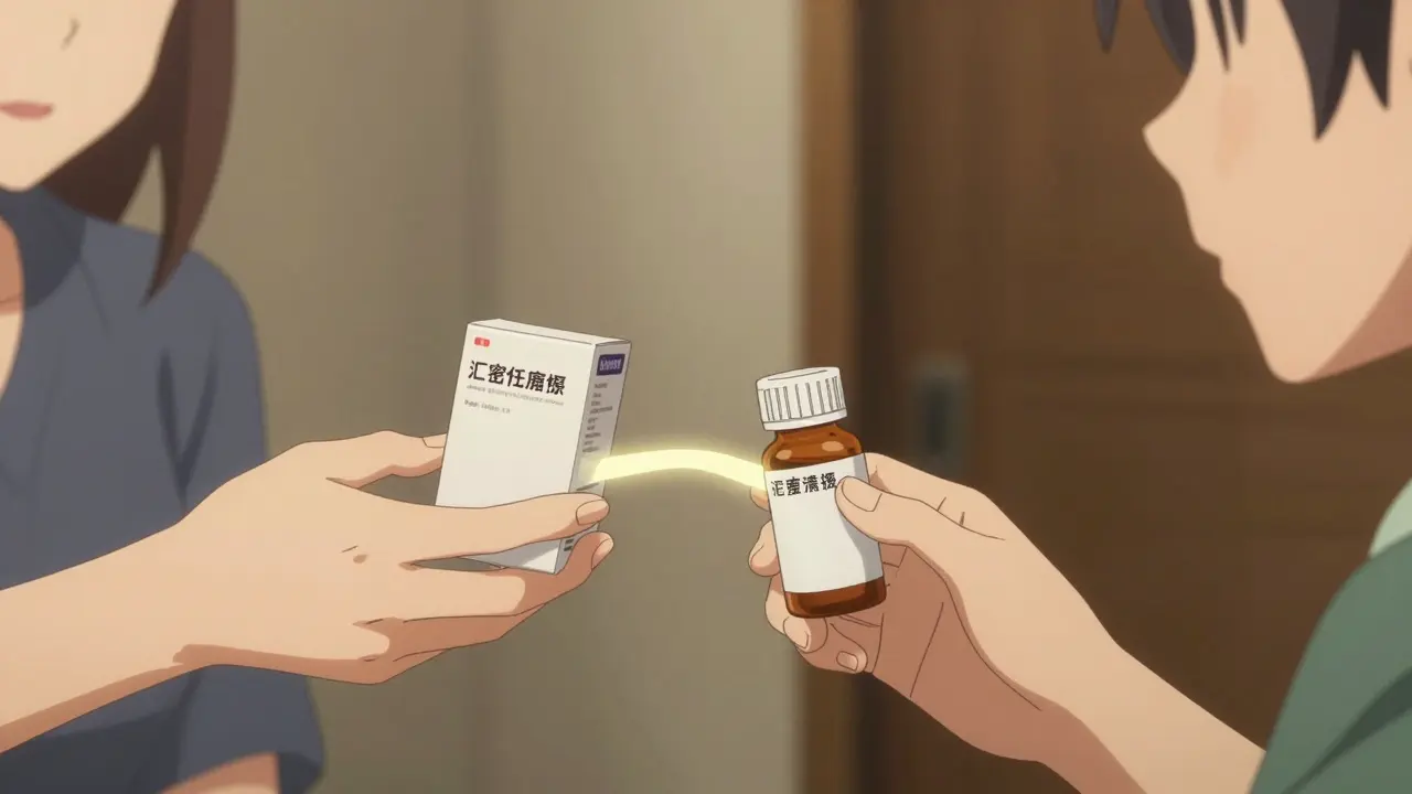 Hands exchanging medication bottles with a glowing connection ribbon, anime art.