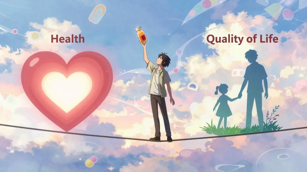 Person balancing health and life quality on a tightrope