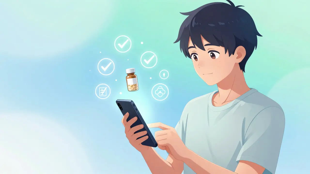 Person using a smartphone app to scan and verify their medication safely.