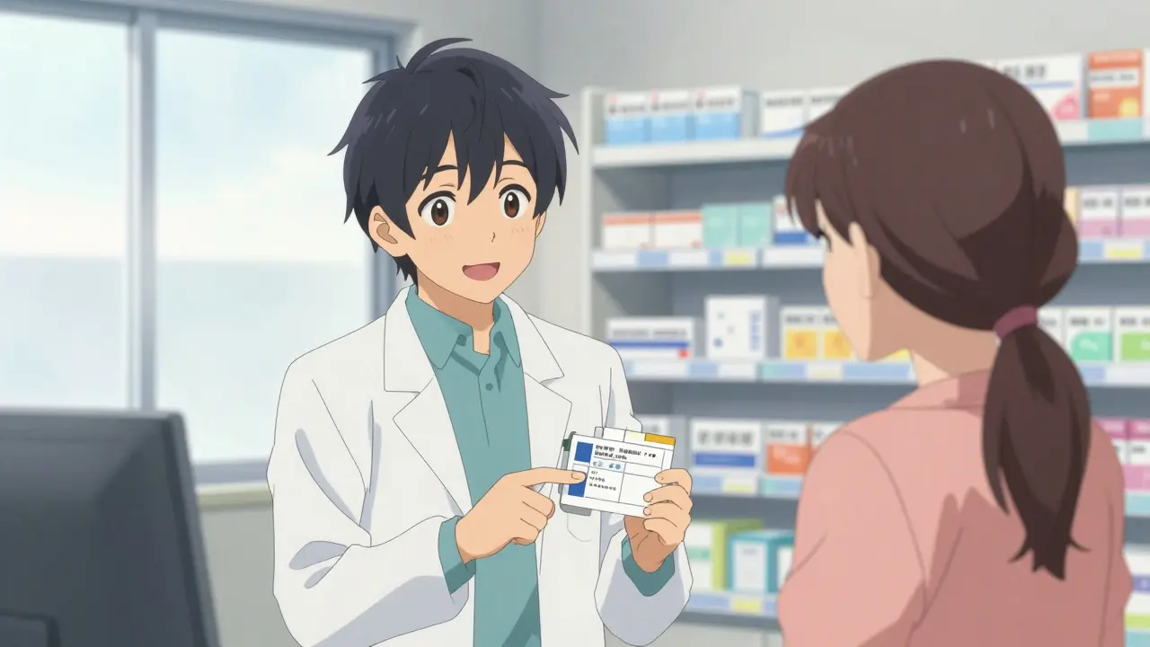 Pharmacist explaining medication switch to a relieved patient