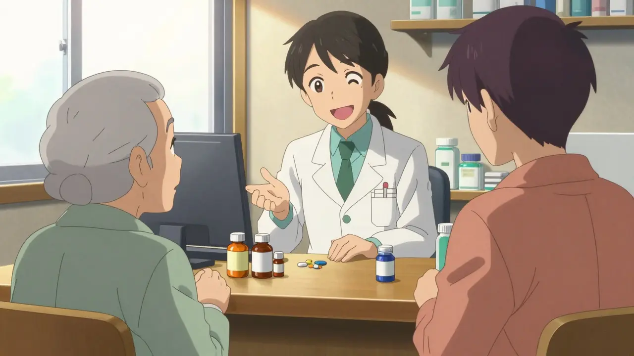Pharmacist reviewing medications with an elderly patient in a warm setting.