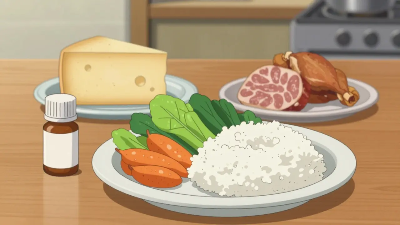 Safe foods and medication on a table with avoided items in background