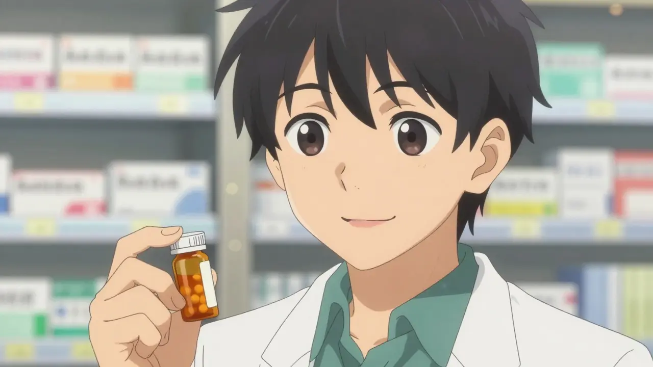 A close-up of a kind male pharmacist smiling gently while explaining medication details, highlighting the 'Ask-Tell-Ask' communication framework with clear, confident expressions in high-definition Kyoto Animation style.
