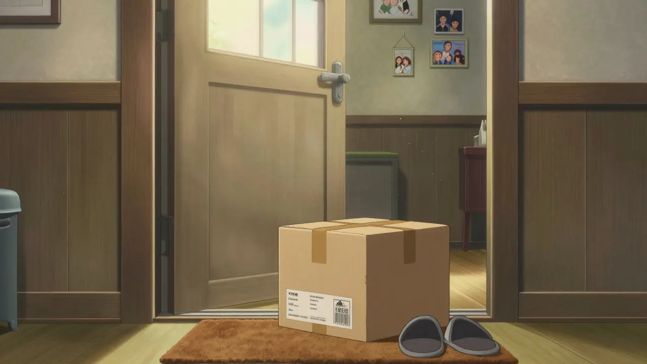 A delivered medication package at a home entrance, symbolizing the successful and timely arrival of essential health supplies.