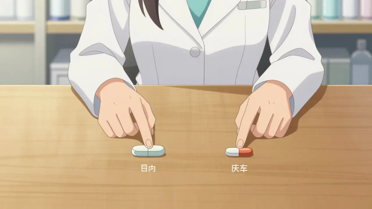 A detailed view of side-by-side brand-name and generic pill comparisons on a table, with a pharmacist's hands guiding the viewer's attention to their similarities, symbolizing the use of visual aids to demystify generic drugs in a clean, elegant anime style.