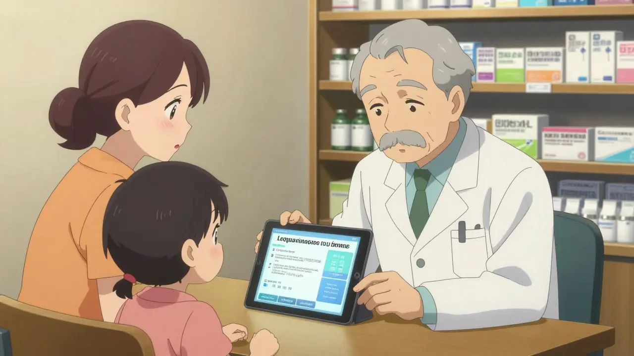 A senior pharmacist uses a tablet to educate a relieved mother and child about bioequivalence in a quiet pharmacy corner, emphasizing personal endorsement and trust-building through warm, golden lighting and expressive Kyoto Animation character design.