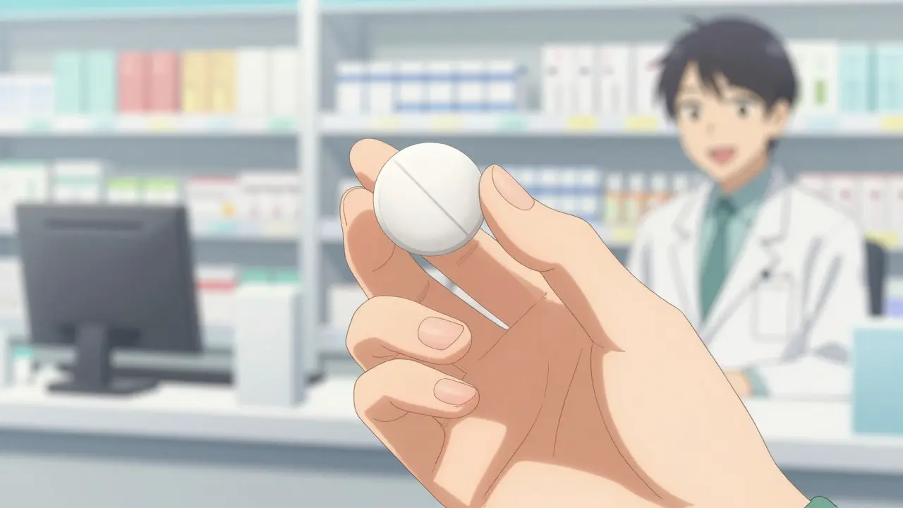Close-up of a hand holding a pristine white pill at a pharmacy