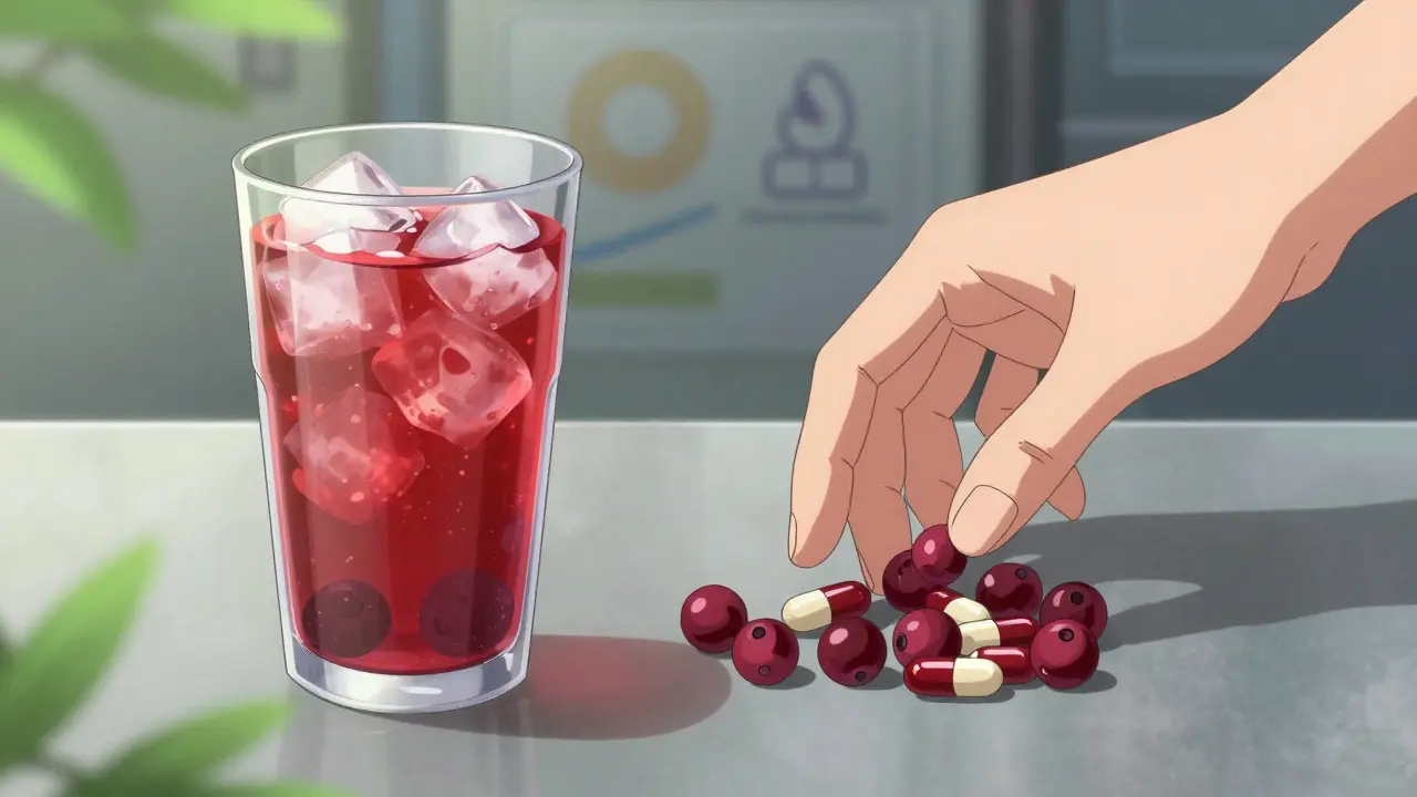 Comparison of a glass of cranberry juice versus concentrated supplement capsules on a table.
