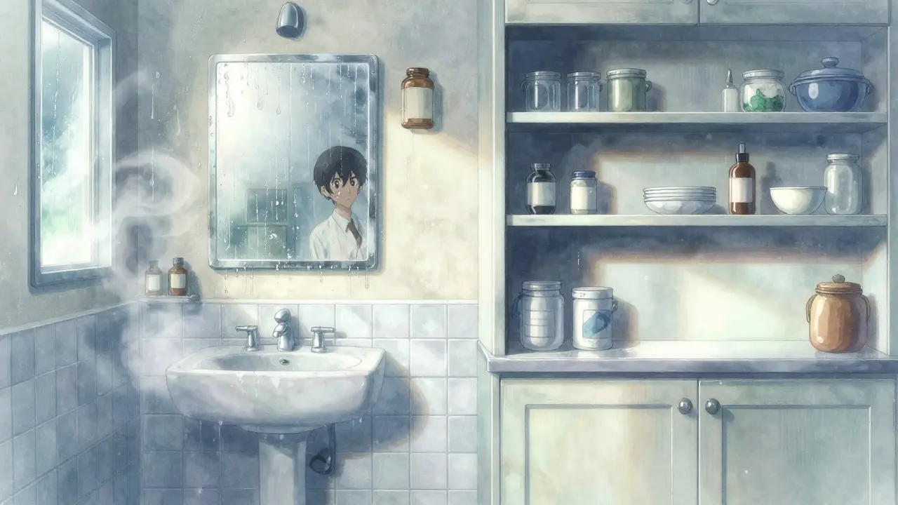 Contrast between humid bathroom and dry cupboard for medicine storage