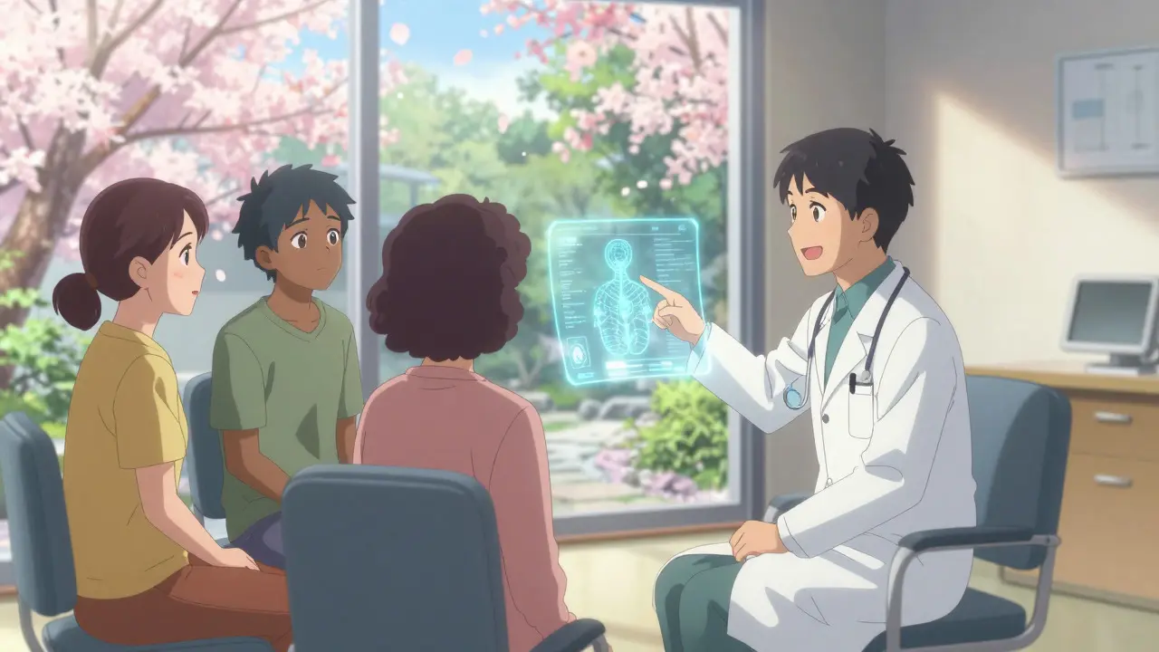 Diverse patients consulting a doctor about genetic testing