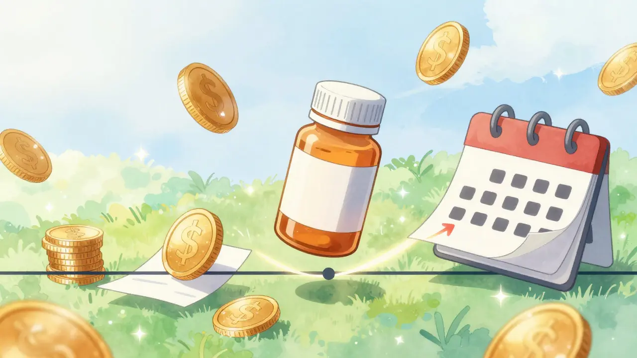 Floating drug bottle with coins and calendar showing cost savings