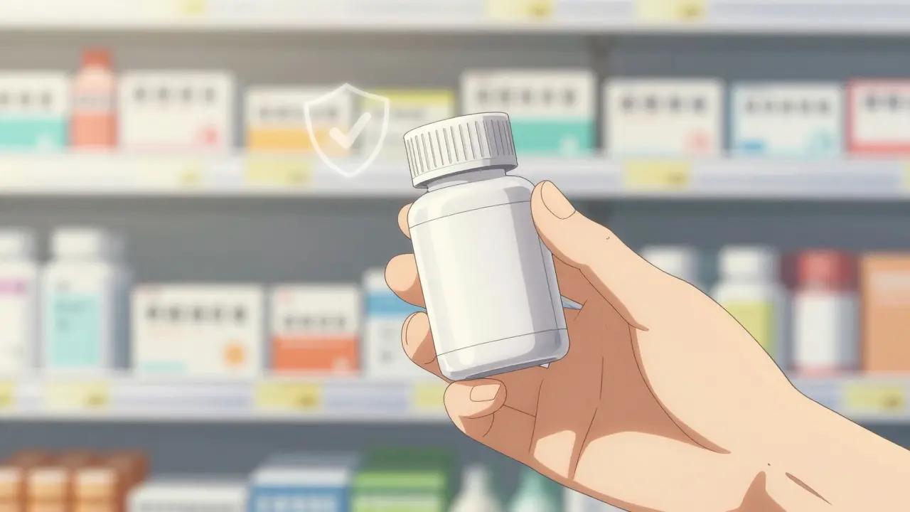 Hand holding pill bottle with safety verification symbol