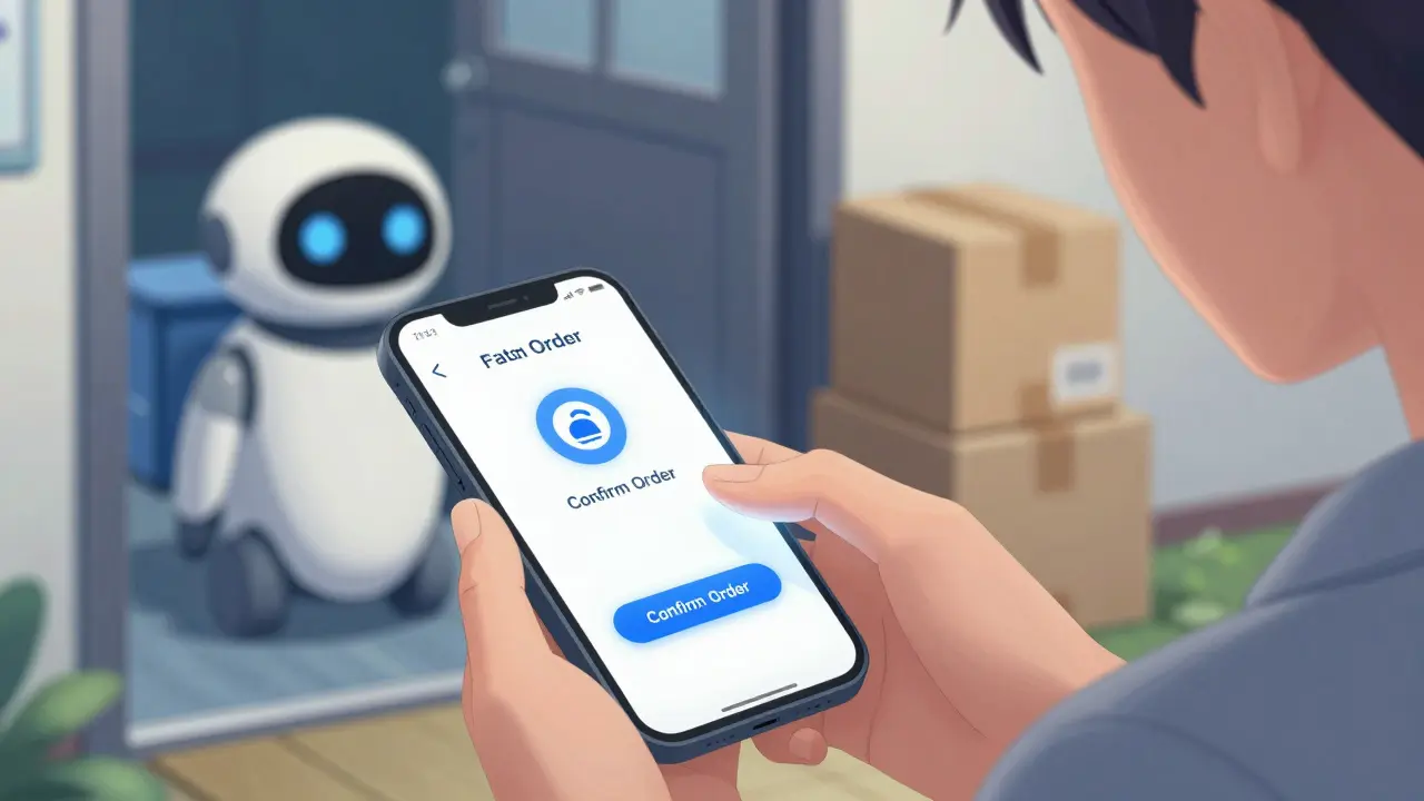 Hands confirming safe online medicine order on smartphone