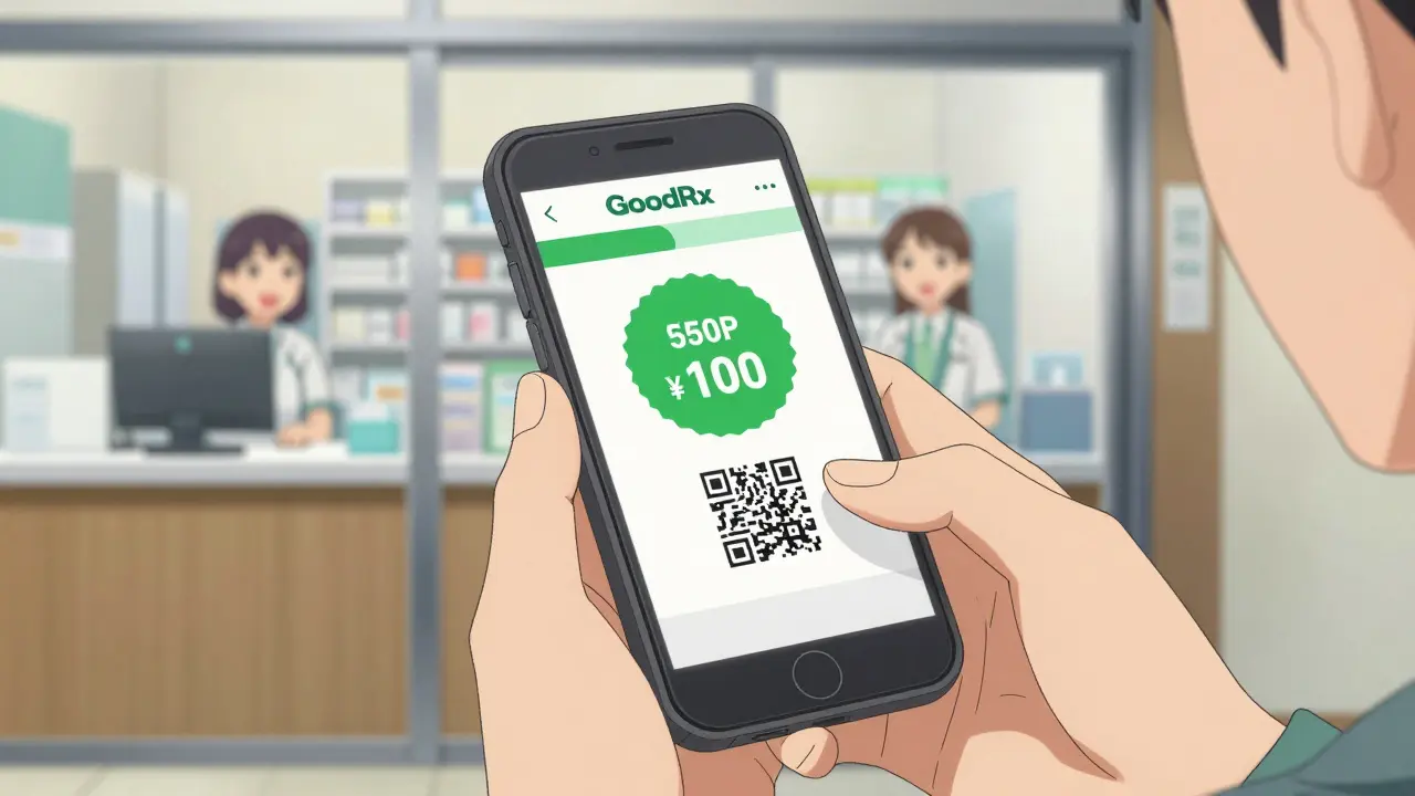 Hands holding a smartphone displaying a prescription discount app, highlighting the convenience of digital tools for affordable medicine.